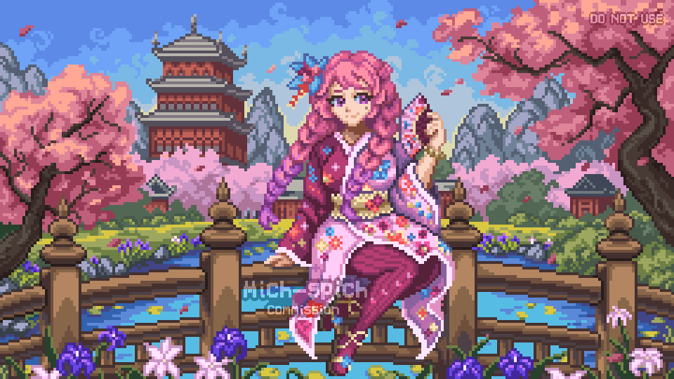 Art of a girl wearing a Kimono sitting on a bridge in a cherry blossom setting