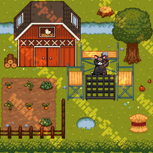 An animation of a cat building a farm shack